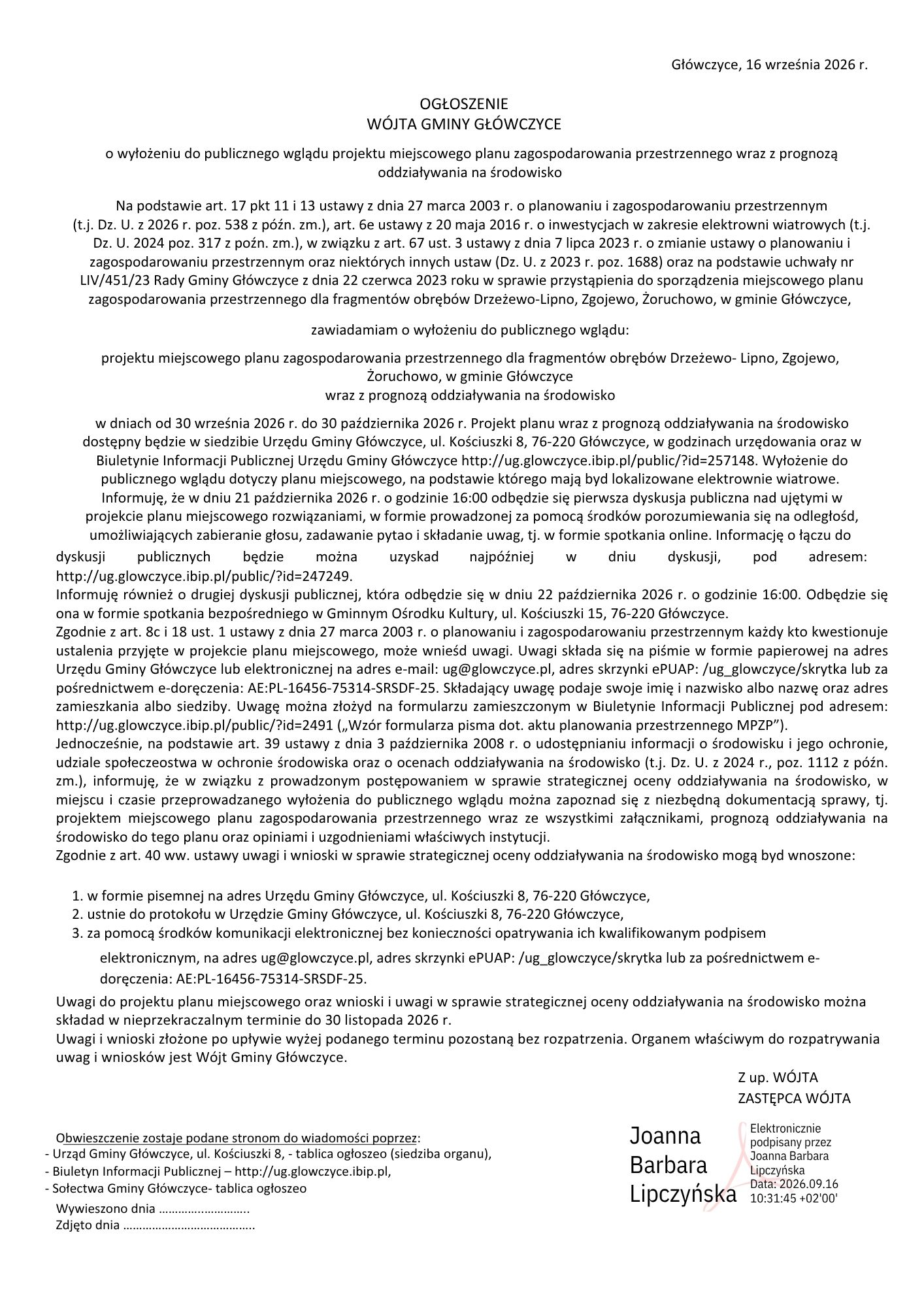 str_1_OGŁOSZENIE_W&Oacute;JTA_GMINY_GŁ&Oacute;WCZYCE_o_wyłożeniu_do_publicznego_wglądu_projektu_miejscowego_planu_zagospodarowania_przestrzennego_wraz_z_prognozą_oddziaływania_na_środowisko